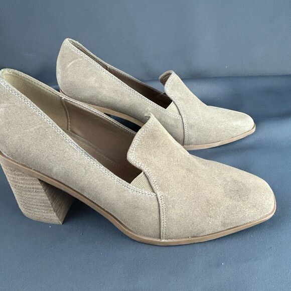 JOIE Wevenly Suede Leather Block Heel Shoes Tan Slip On Loafers Size 9.5 NEW - Picture 3 of 16